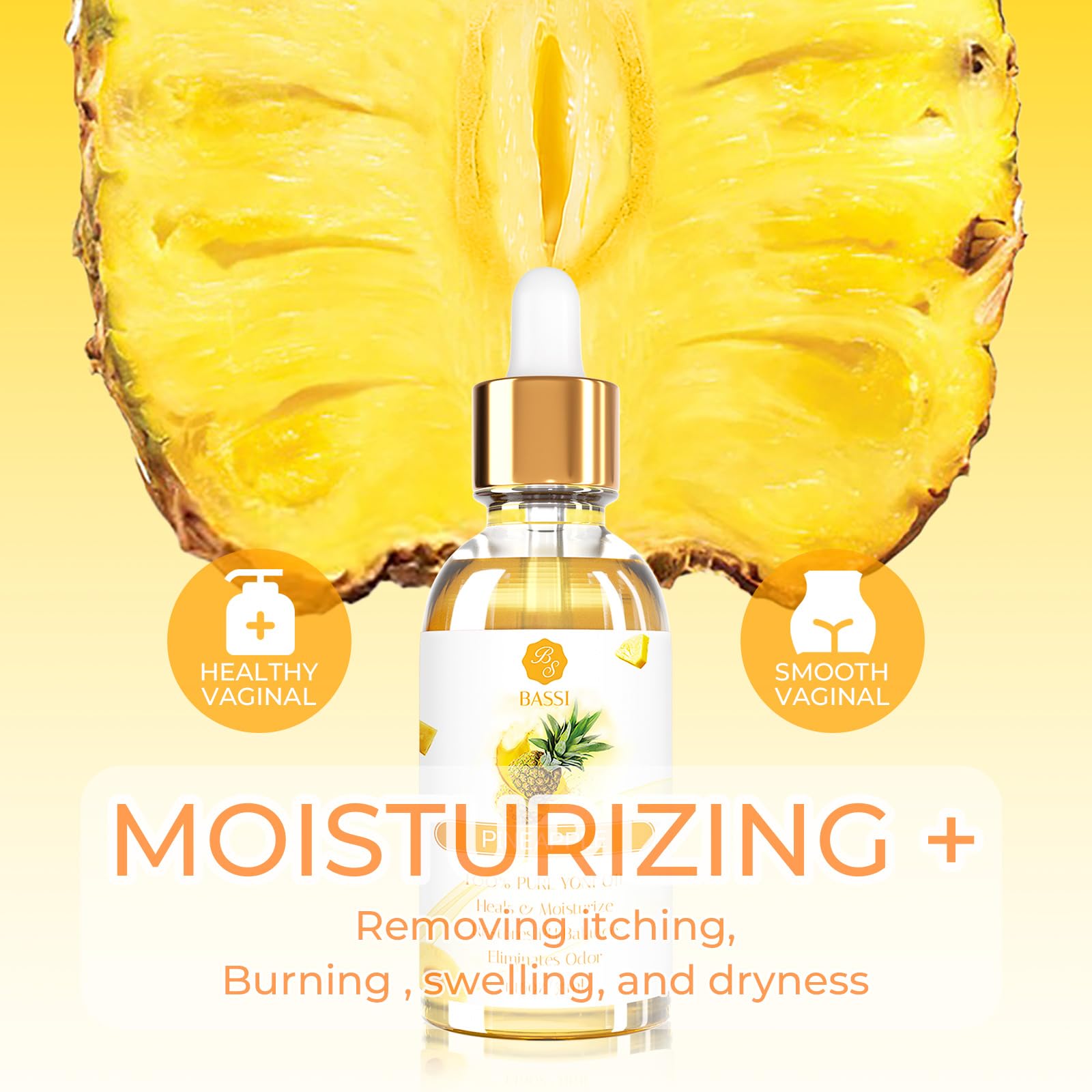 BASSI yoni oil ingredients: strawberry, rose and safflower oils for nourishment.
