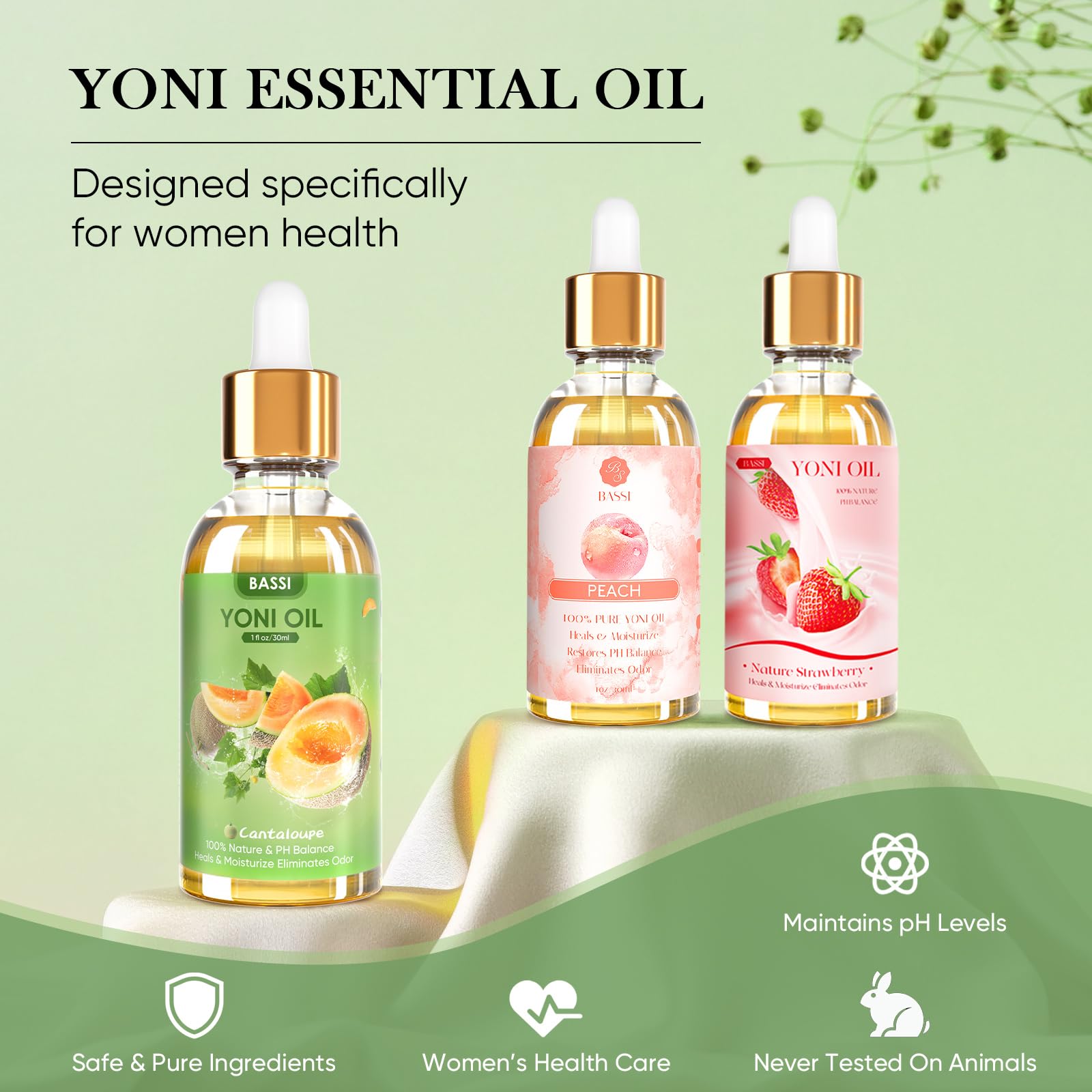 BASSI Yoni Oil packaging features a compact, travel-friendly design.