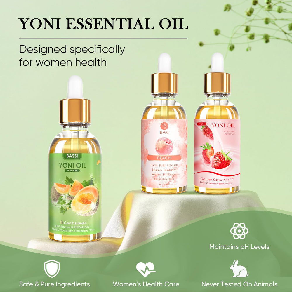 BASSI Yoni Oil packaging features a compact, travel-friendly design.
