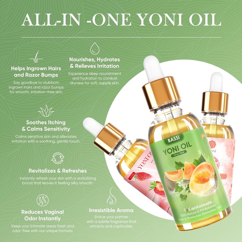 BASSI Yoni Oil massaged into skin provides hydration and relief from irritation.