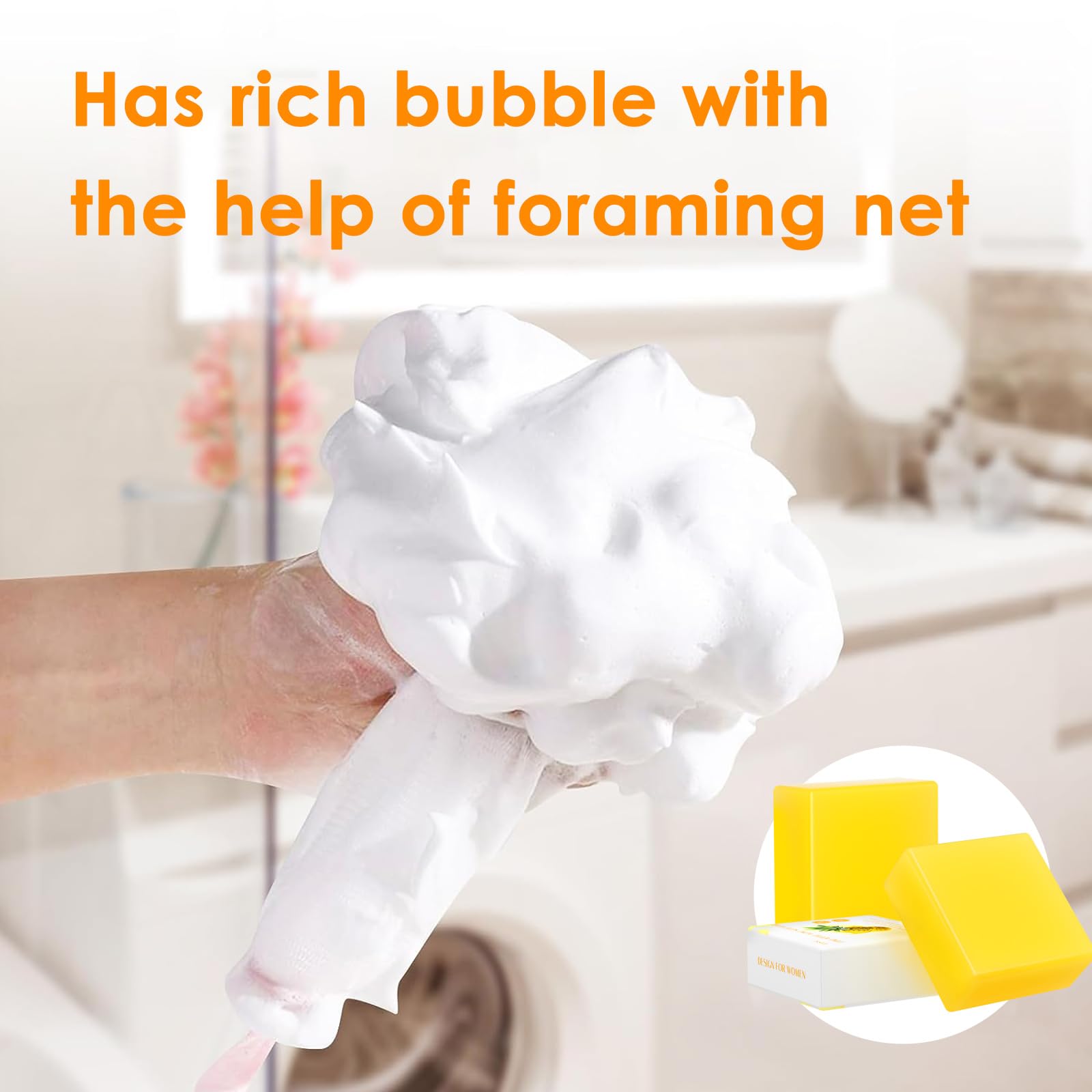 BASSI yoni soap bar in bathroom scene suggests daily freshness.