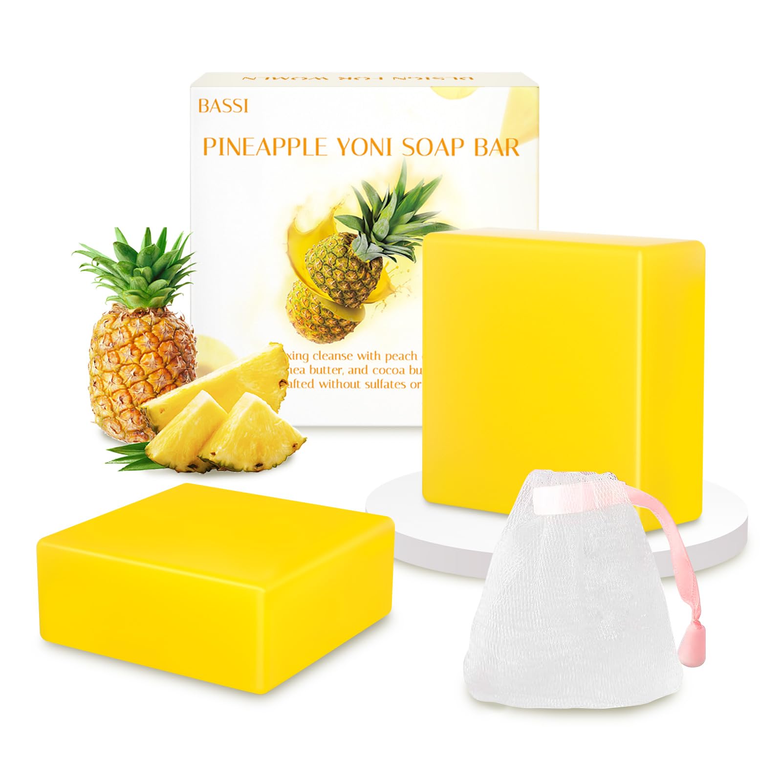 BASSI yoni soap bar pineapple ingredients close-up showing natural oils for gentle, balanced cleansing.