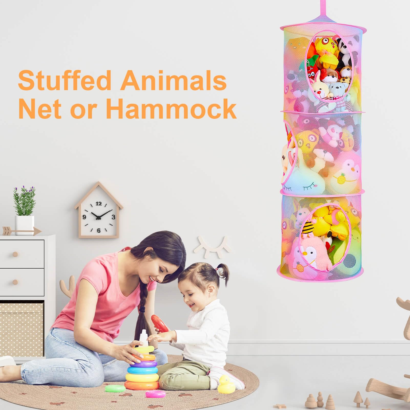 basumee stuffed-animals-net-hammock adds colorful organization to a kid's room.
