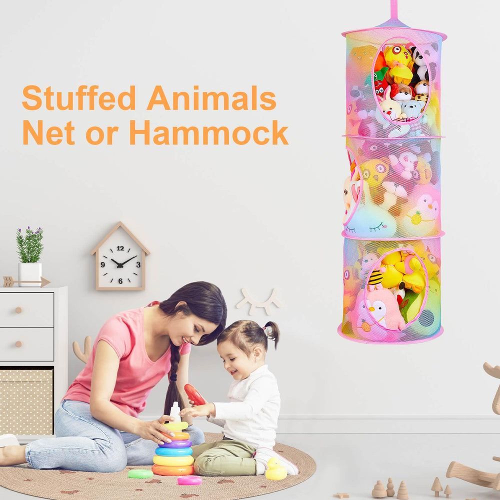 basumee stuffed-animals-net-hammock adds colorful organization to a kid's room.