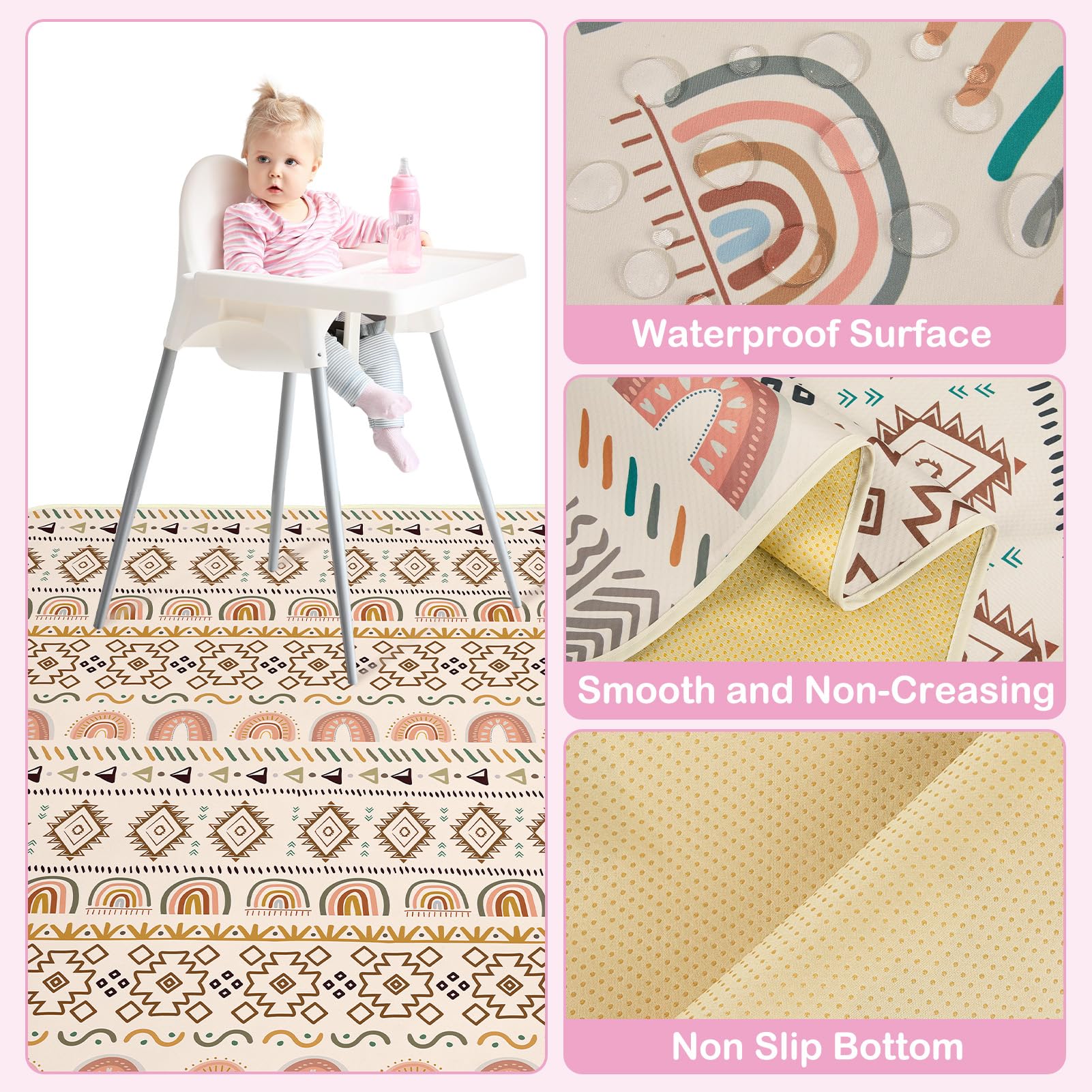 Basumee High chair mat foldable for easy travel and storage.