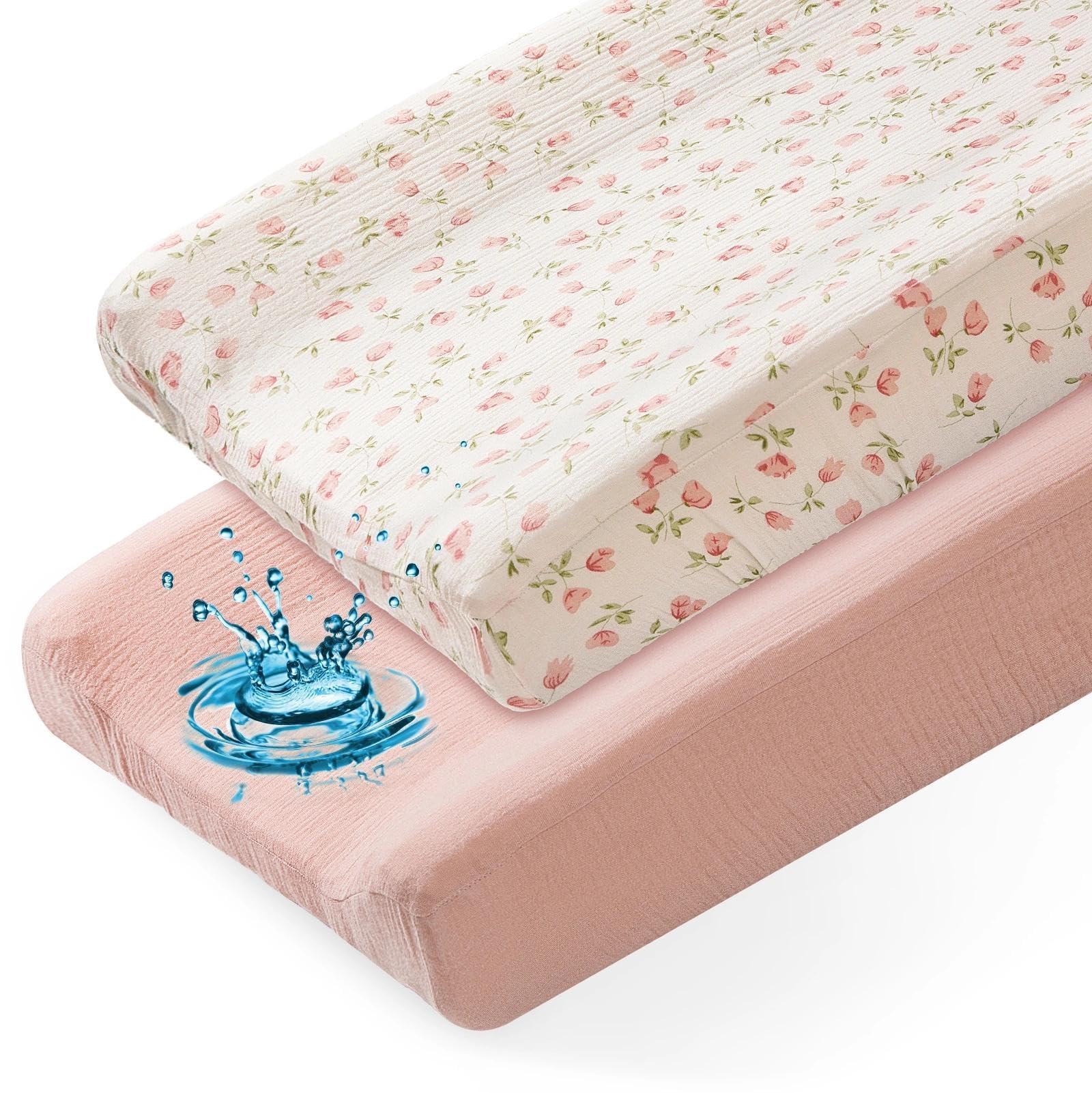 Basumee muslin changing pad cover top view, breathable fabric gentle on baby skin.