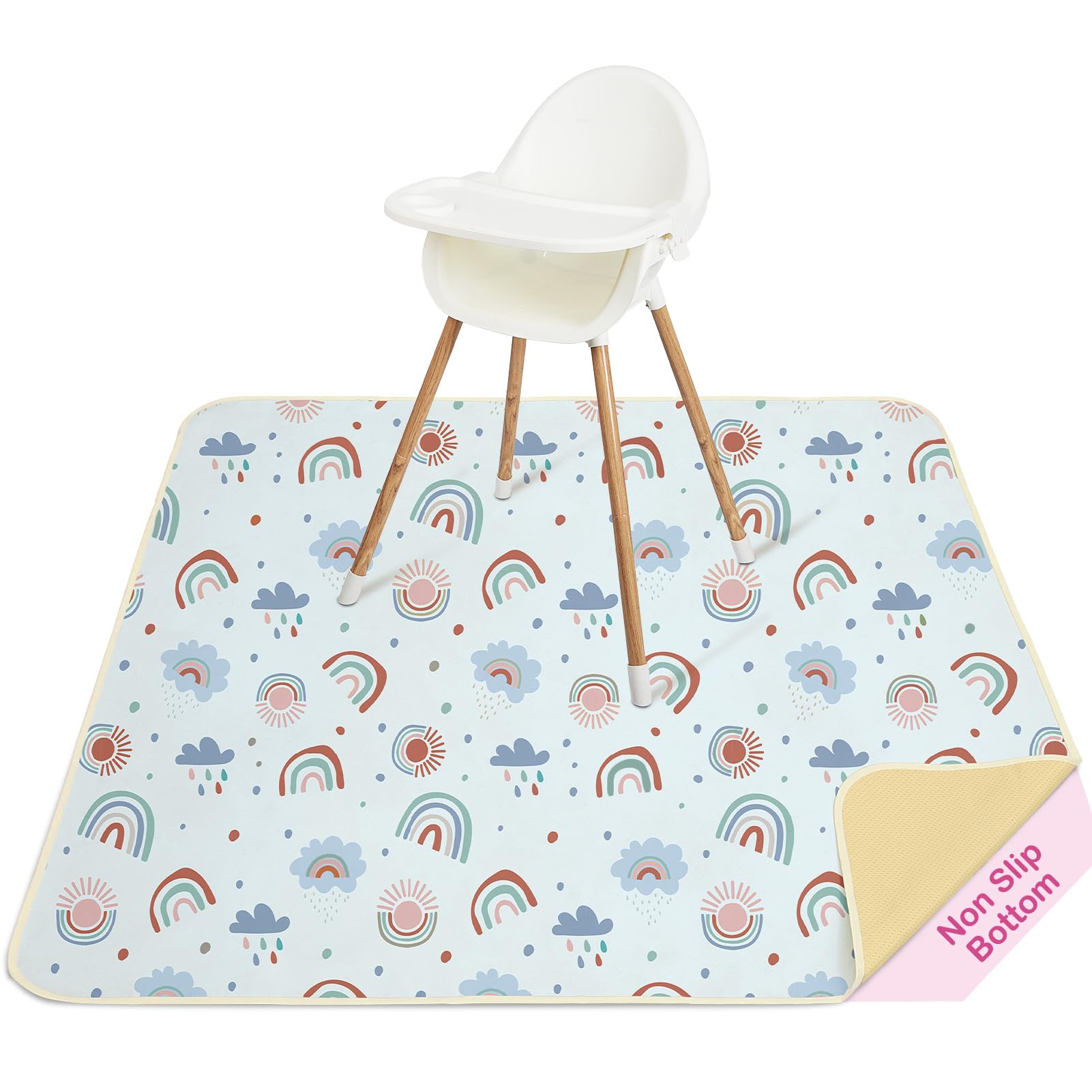 Basumee Splat Mat under high chair catches spills and protects floors