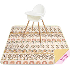 Basumee Splat Mat under high chair in brown geometry protects floors from spills.