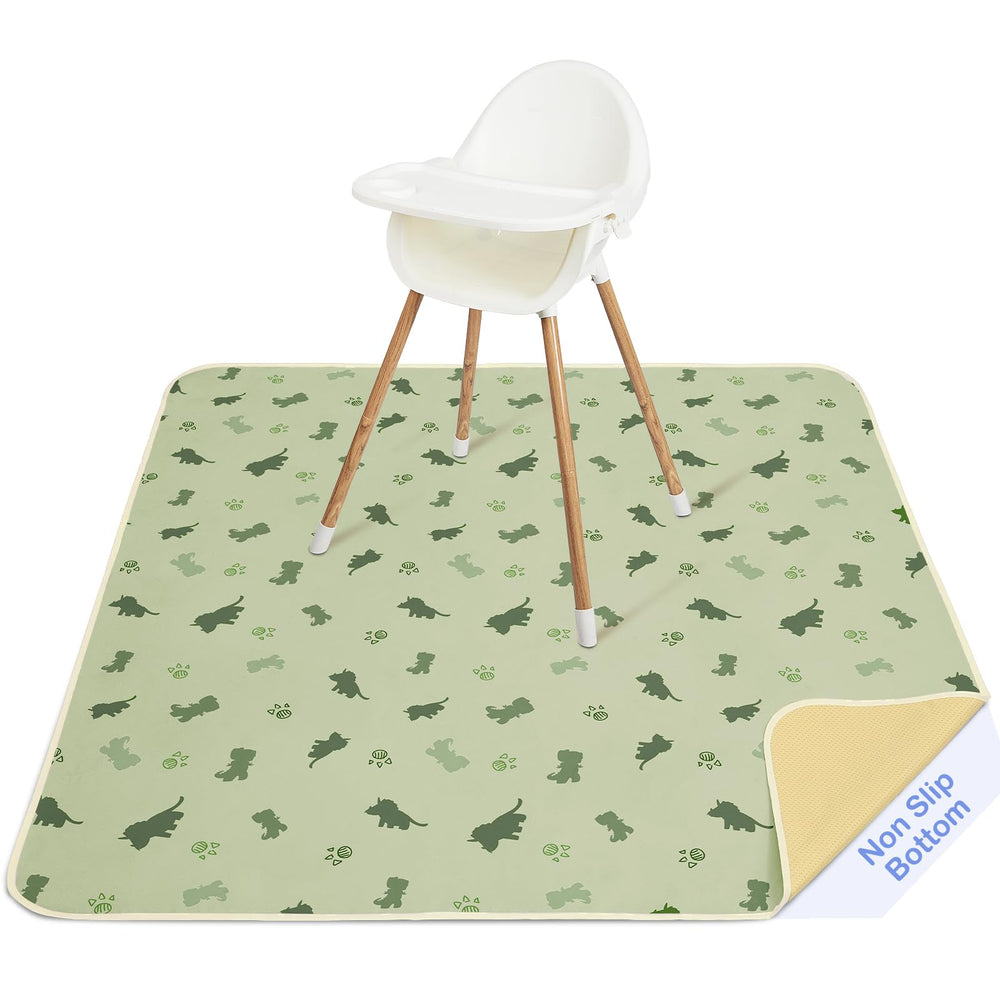 Basumee Splat Mat under high chair catches spills and protects floors.