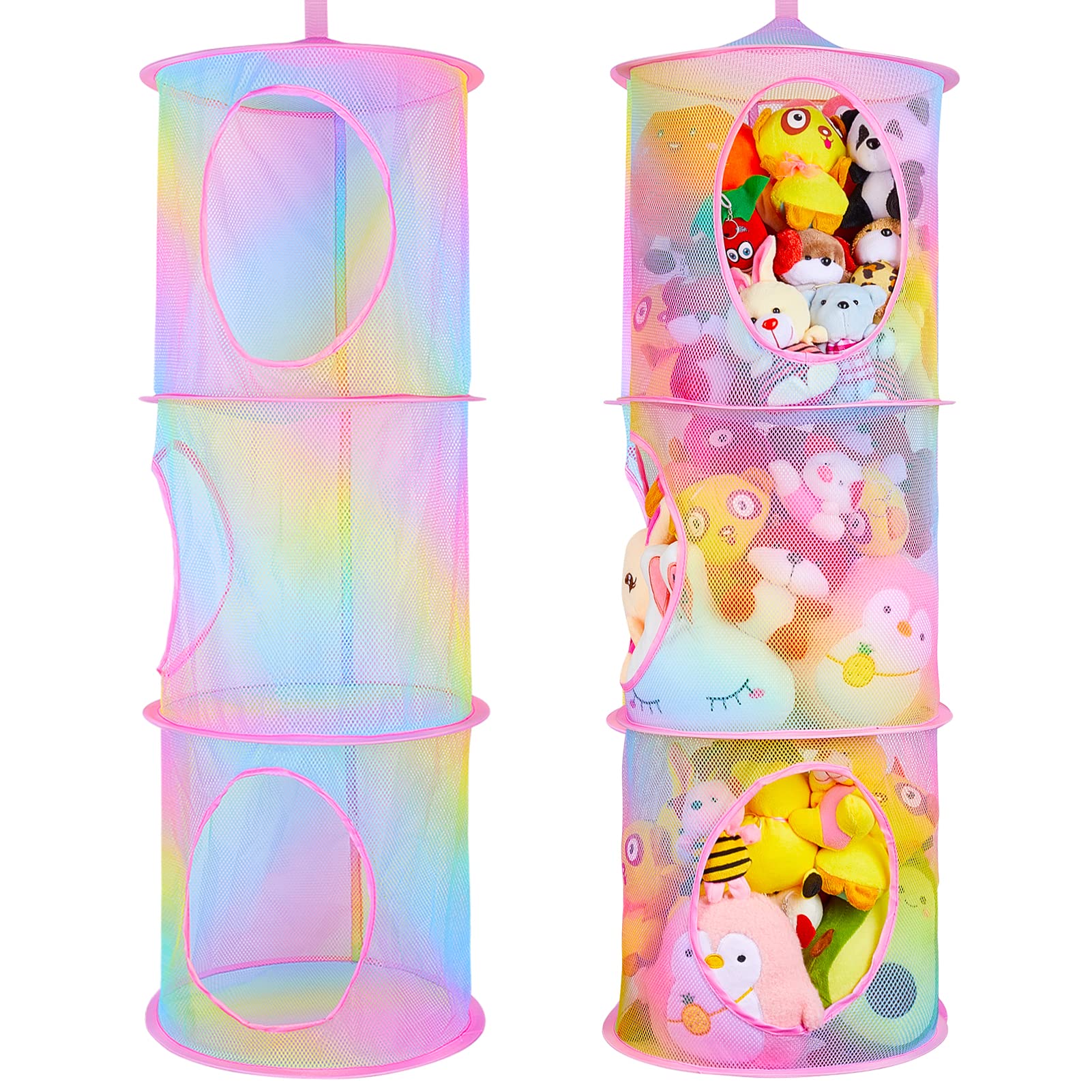 basumee stuffed animals net hammock 2-pack rainbow hanging storage for plushies, easy organization.