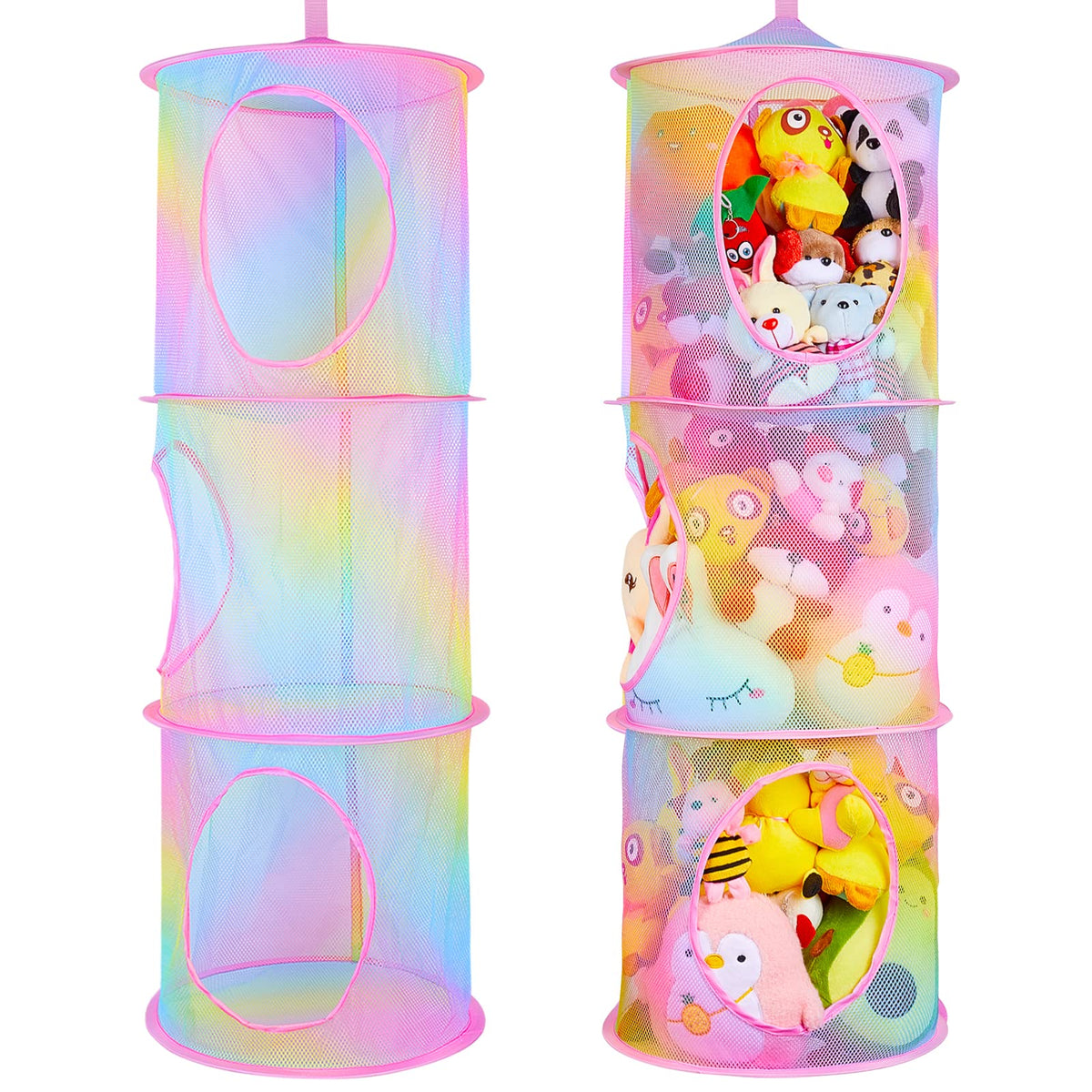basumee stuffed animals net hammock 2-pack rainbow hanging storage for plushies, easy organization.
