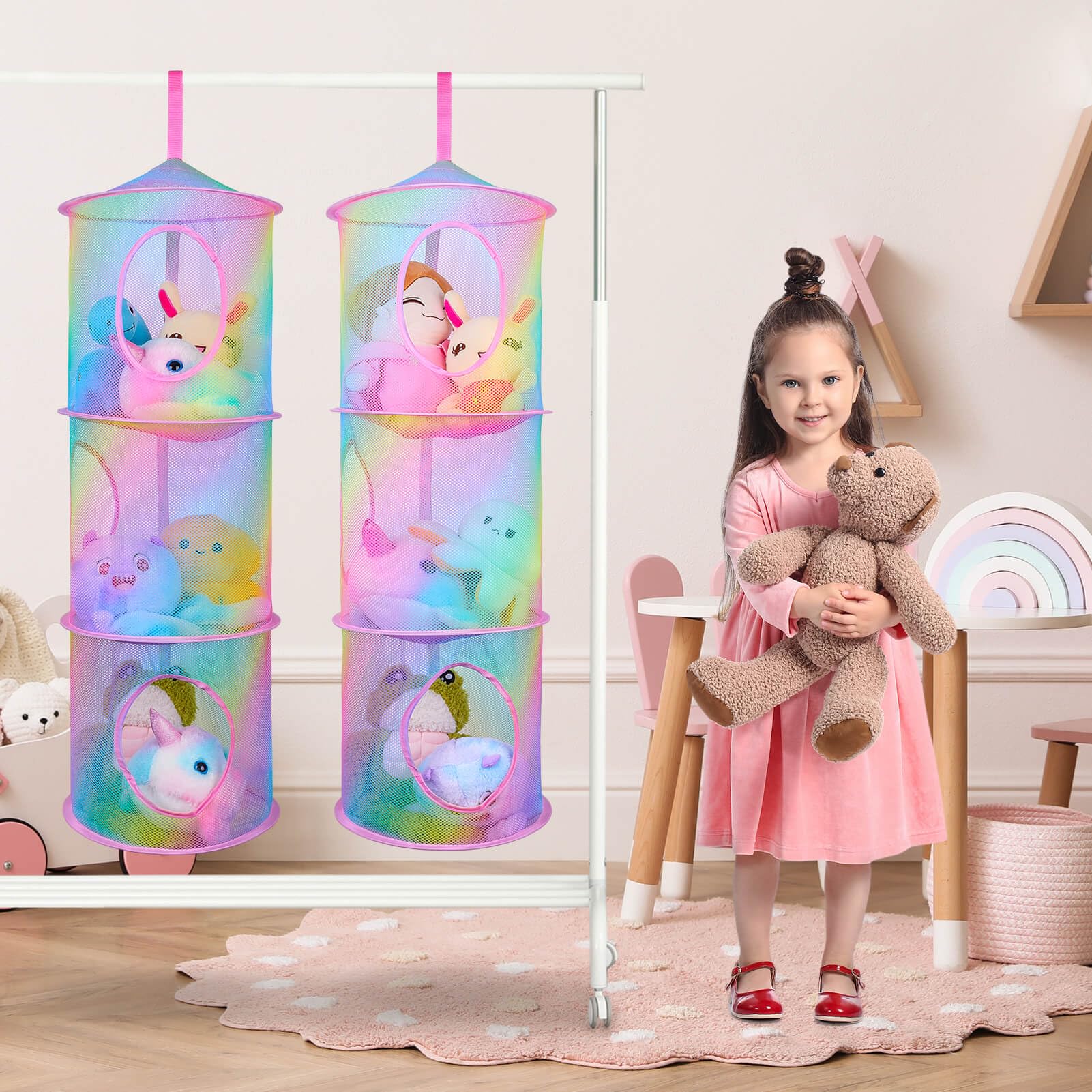 basumee 3-tier rainbow mesh hammock close-up for clear-view storage of plush toys.
