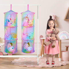 basumee 3-tier rainbow mesh hammock close-up for clear-view storage of plush toys.