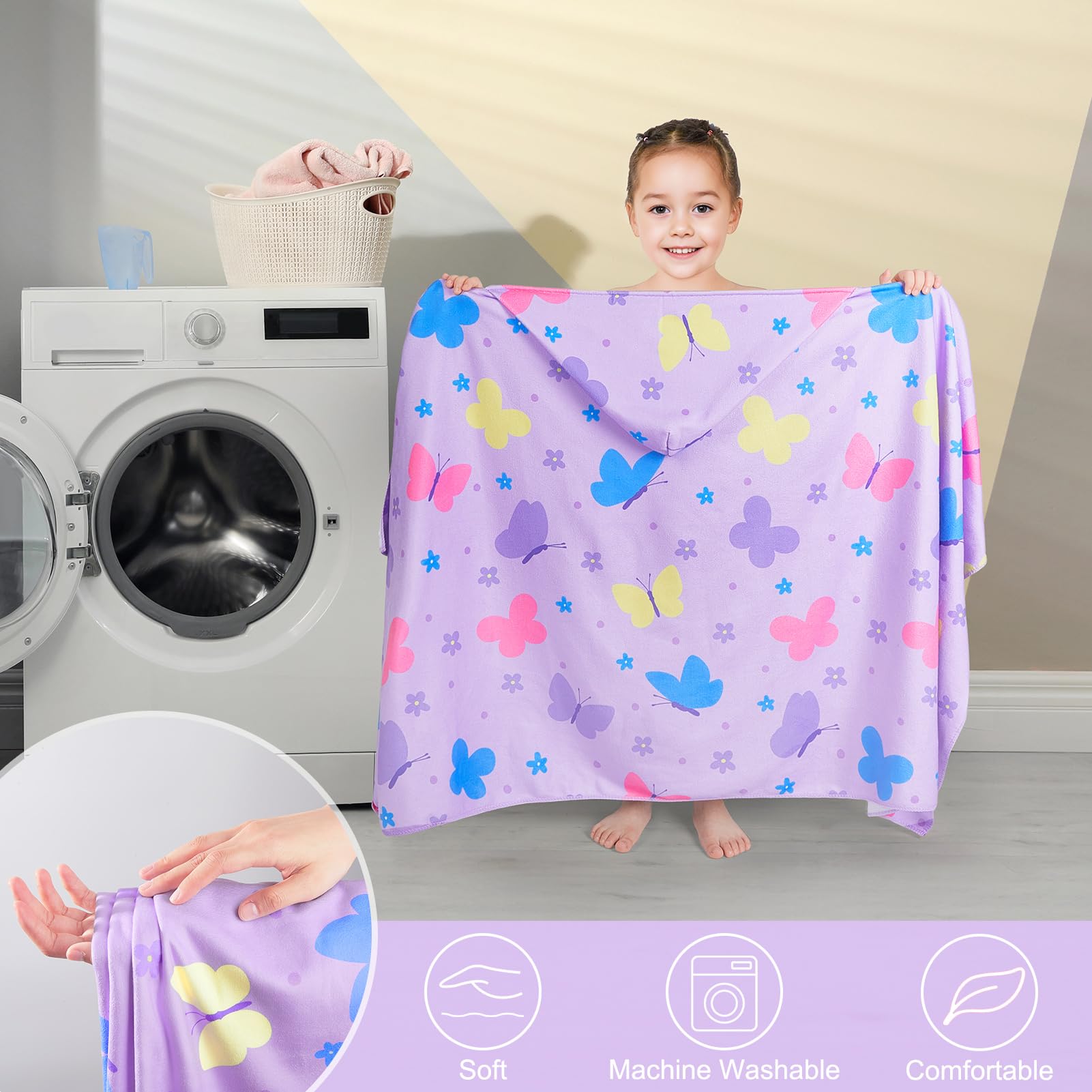 Basumee towel with hood and button keeps towel in place