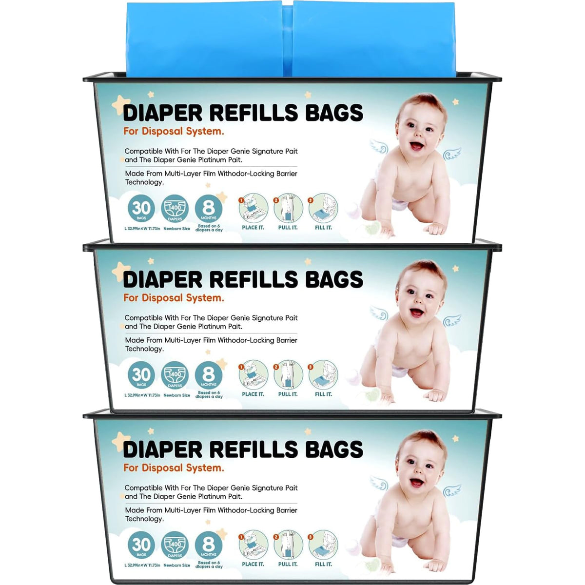 BATADAPTER diaper-pail refills 30 bags pack keeps mess contained and easy to change.