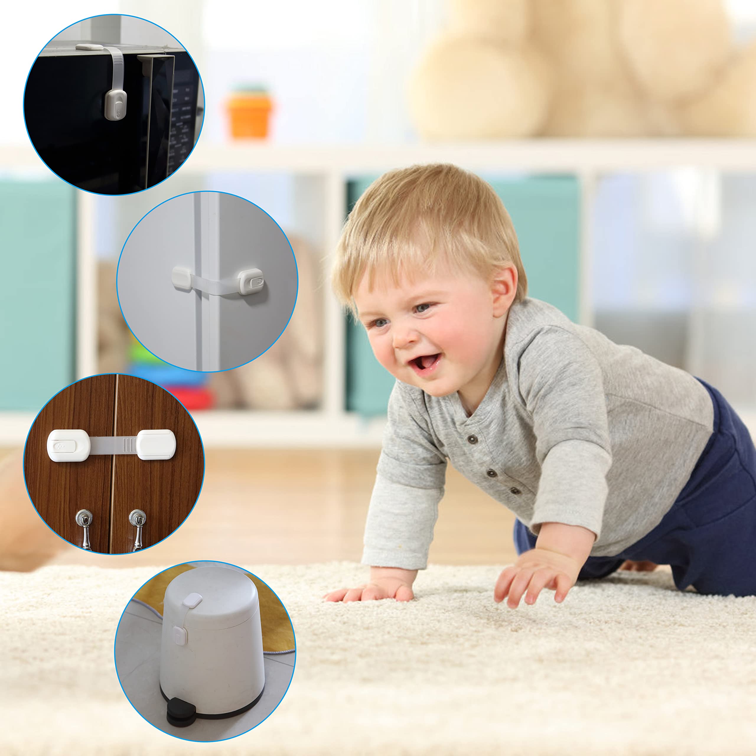 Baby-proofing in action: secure drawers, cabinets, and appliances.