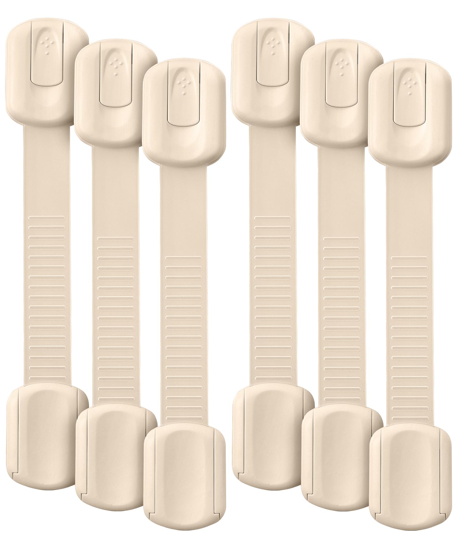 Bates Choice child safety strap locks on beige cabinet door for secure, tool-free safety.