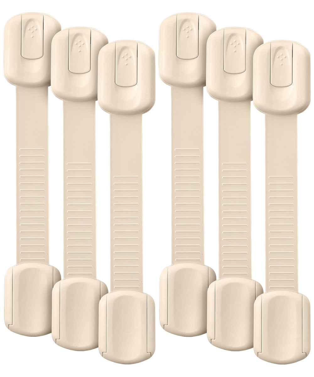 Bates Choice child safety strap locks on beige cabinet door for secure, tool-free safety.