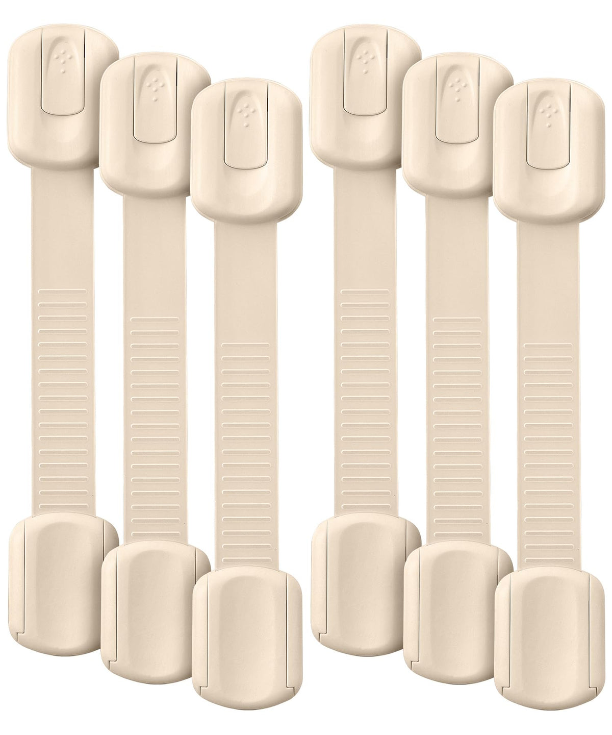 Bates Choice child safety strap locks on beige cabinet door for secure, tool-free safety.