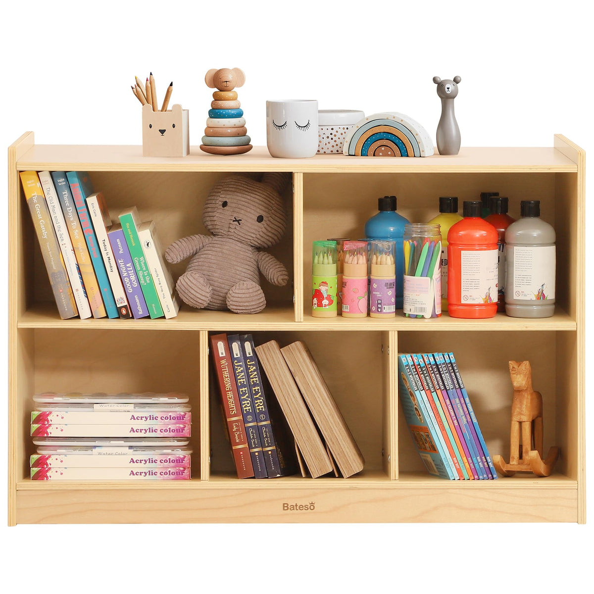 Bateso 5-section toy shelf with open cubes for easy toy access and organization.