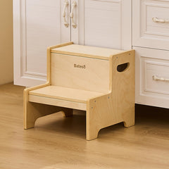 Bateso wooden step stool front view, sturdy design for potty training and hand washing.