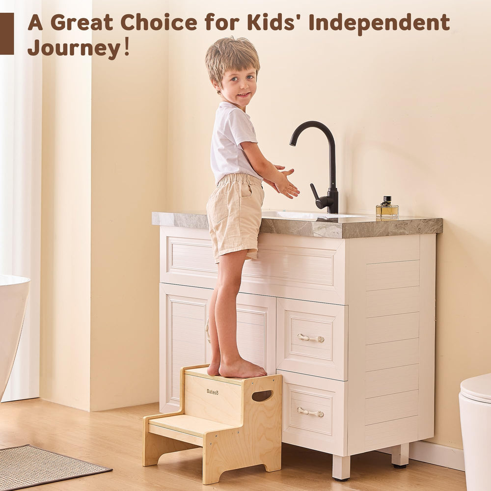 Bateso wooden step stool side view, compact footprint and stability in small spaces.