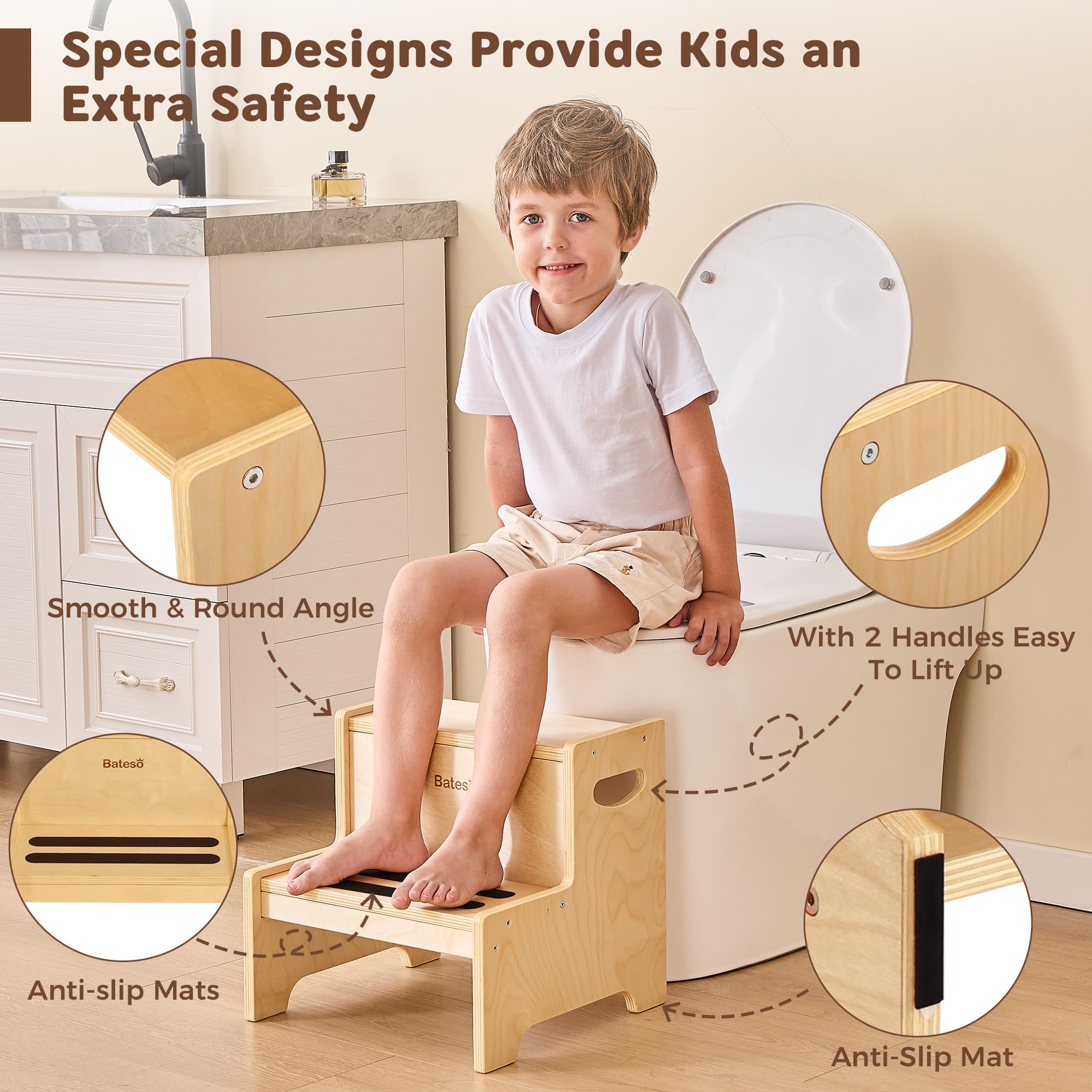 Bateso wooden top-platform image, large surface for growing kids during routines.
