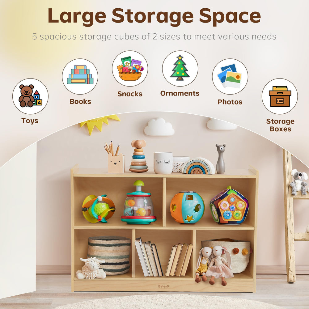 Bateso wooden frame with rounded edges provides safe, durable storage.