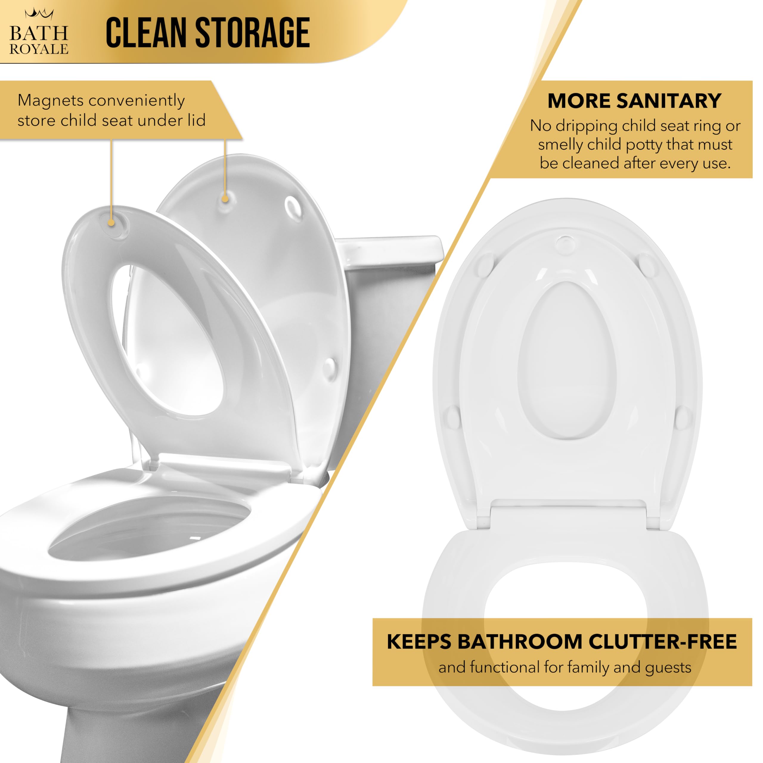 Bath Royale seat offers slow-close action to prevent pinches.