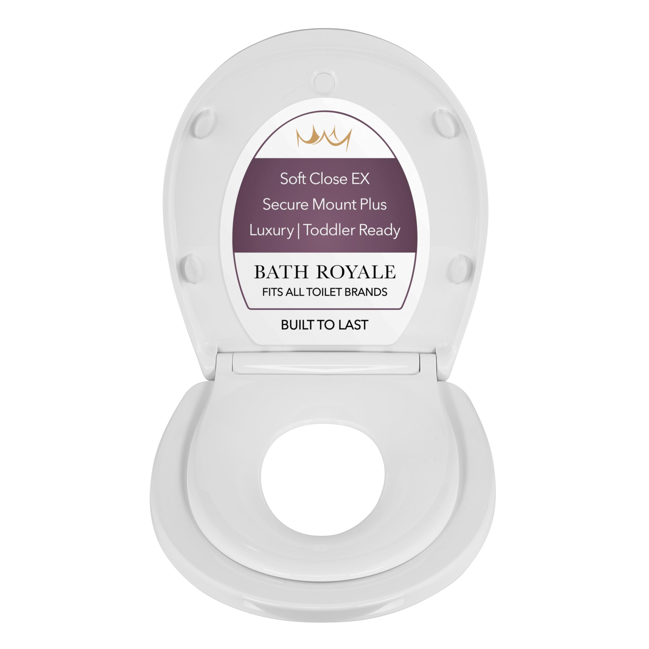 Bath Royale potty training seat, soft-close round white, reduces mess for busy bathrooms.