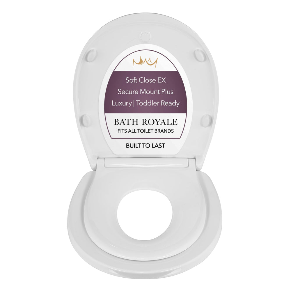Bath Royale potty training seat, soft-close round white, reduces mess for busy bathrooms.