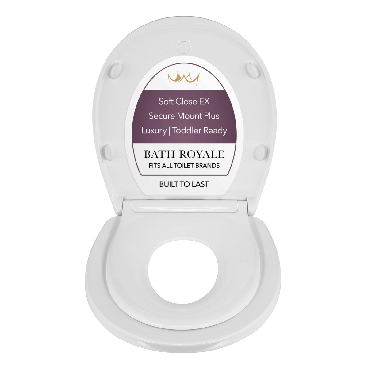 Bath Royale potty training seat, soft-close round white, reduces mess for busy bathrooms.