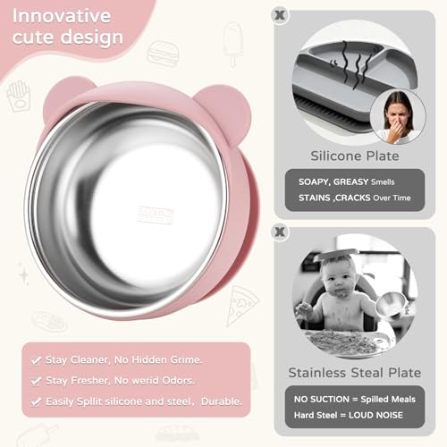 Bathchef Mickey-designed deep bowl guiding spoon during self-feeding