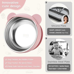 Bathchef Mickey-designed deep bowl guiding spoon during self-feeding