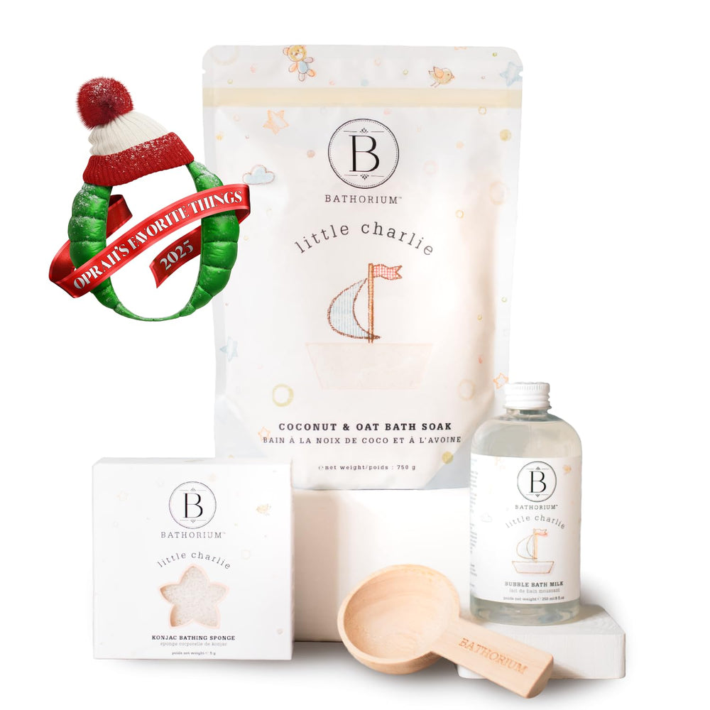 Bathorium Little Charlie bath scene with tub and sponge for delicate skin cleansing