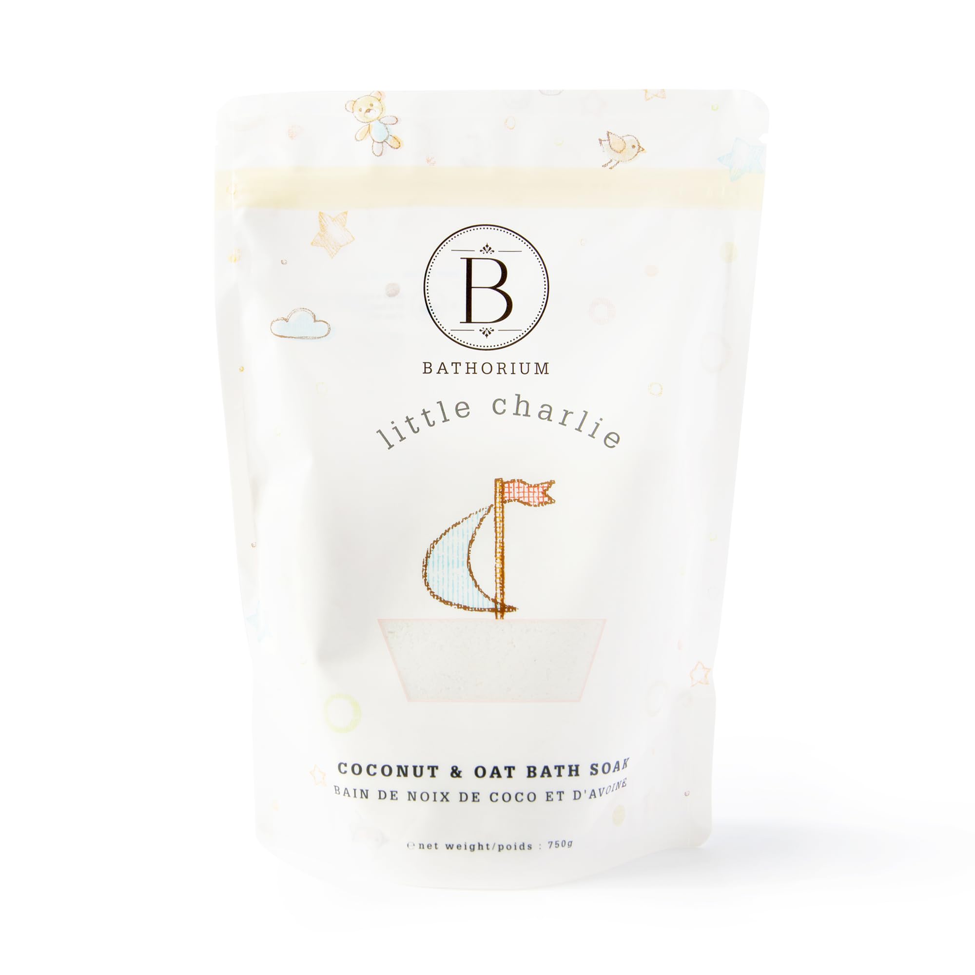 Bathorium Little Charlie Bath Soak bottle close-up highlighting gentle baby hydration