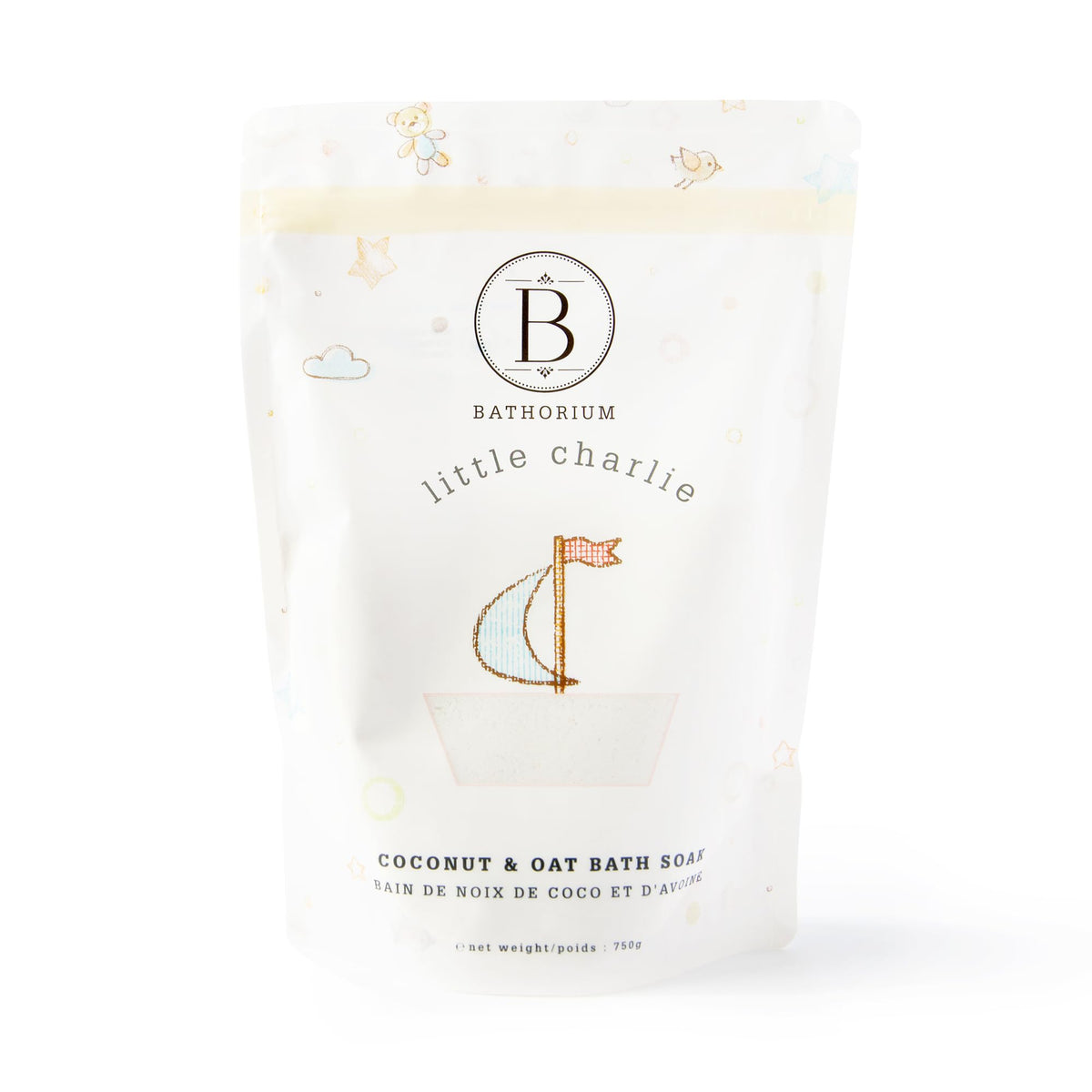 Bathorium Little Charlie Bath Soak bottle close-up highlighting gentle baby hydration