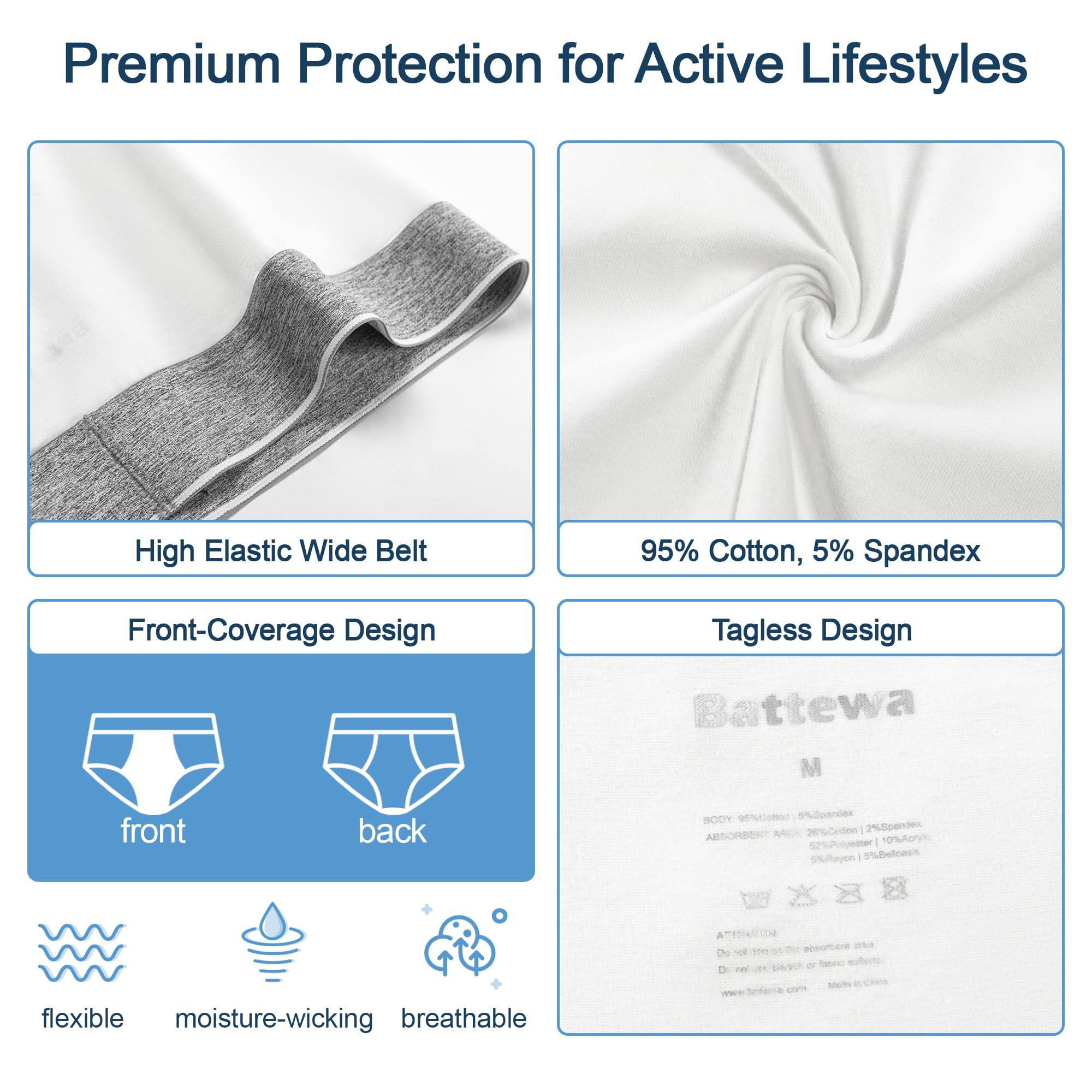 BATTEWA tagless design prevents chafing during all-day wear.