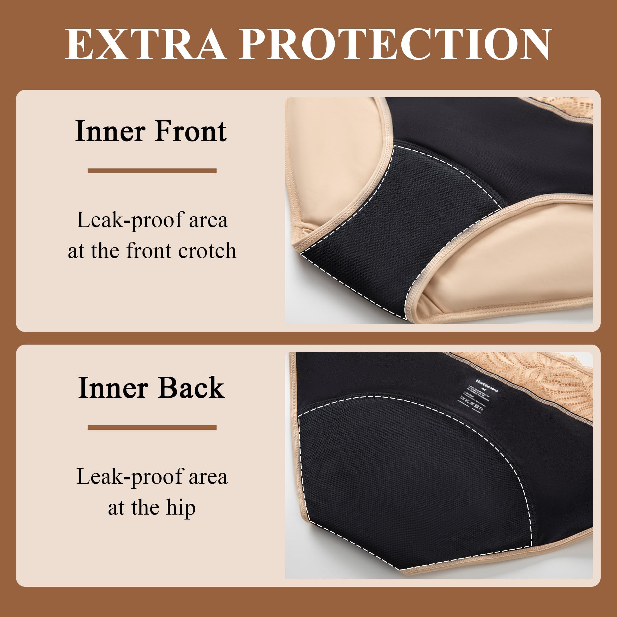 Battewa lace-detail design adds discreet elegance to protection underwear.