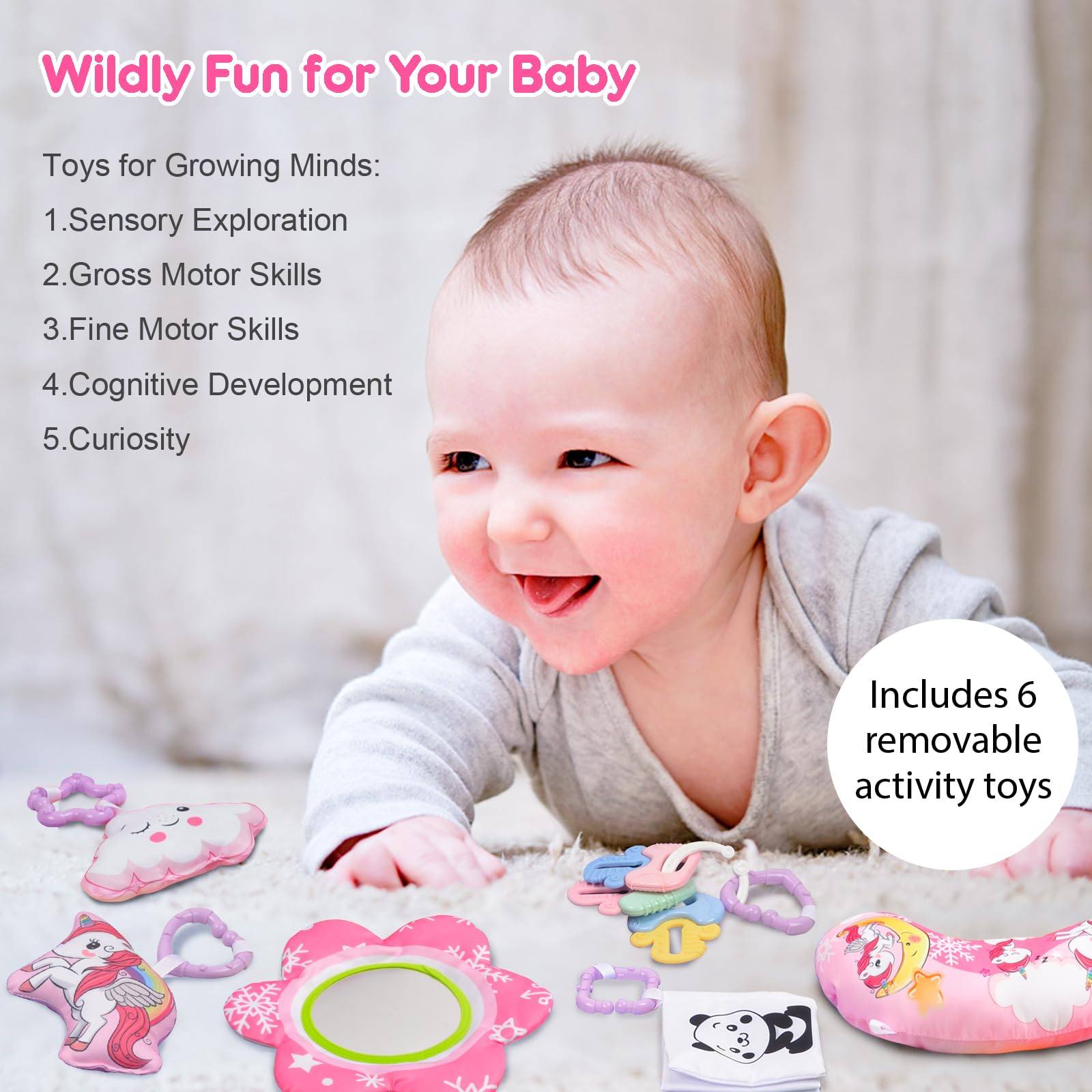 BATTOP detachable toys include rattle, teether, crinkle, and mirror.