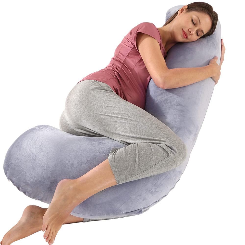 BATTOP pregnancy pillow in dark grey provides full-body support for side sleeping.