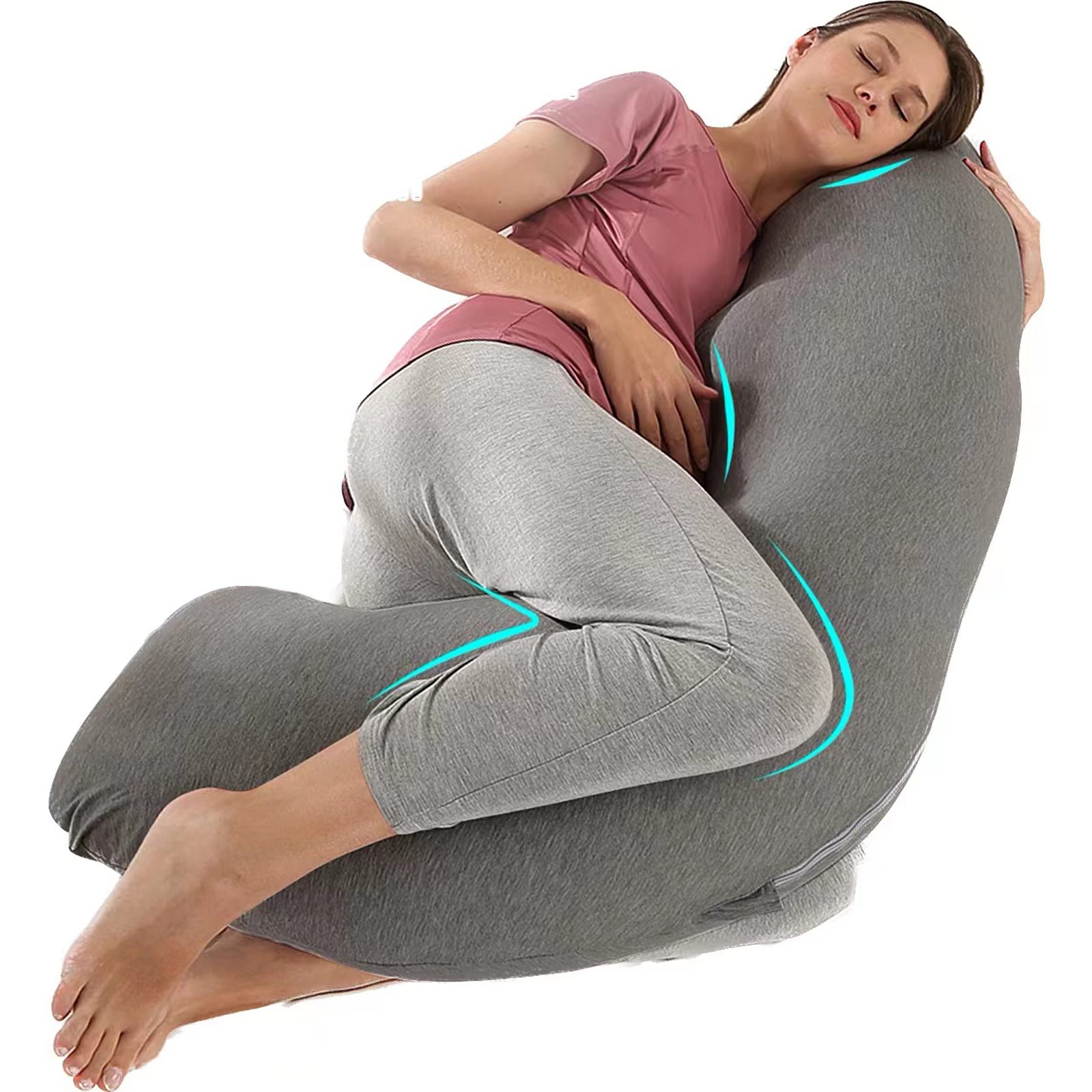 BATTOP pregnancy pillow in J shape supports the belly for side sleeping.
