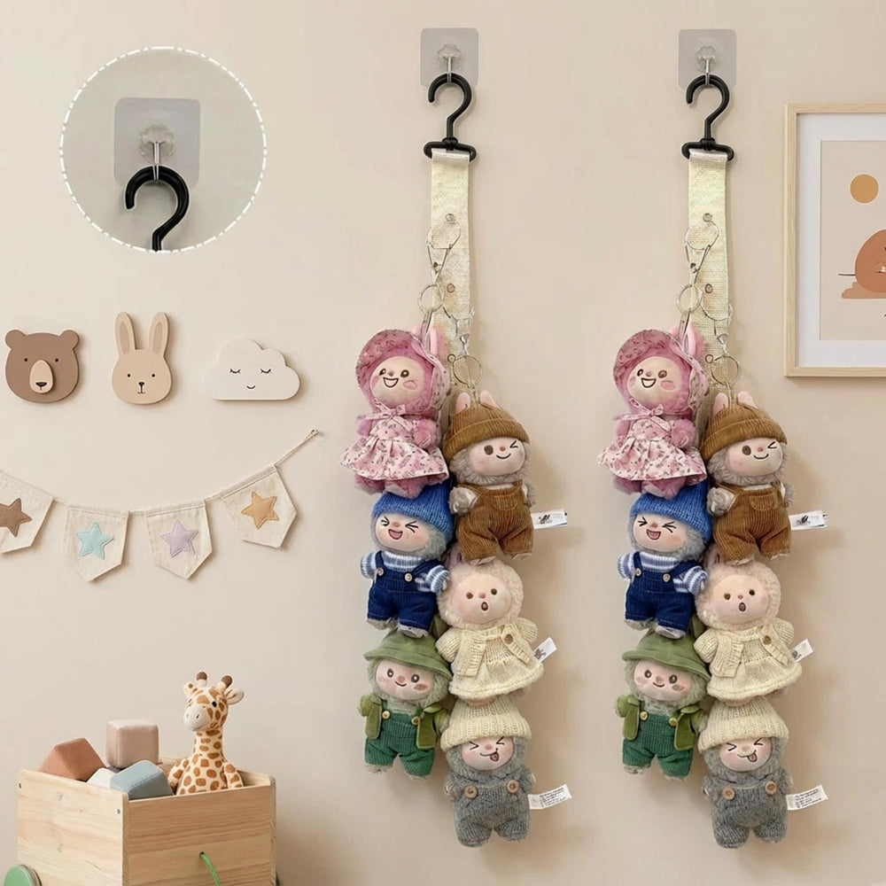 Wall-mounted display rack showcasing plush keychains and mini toys.