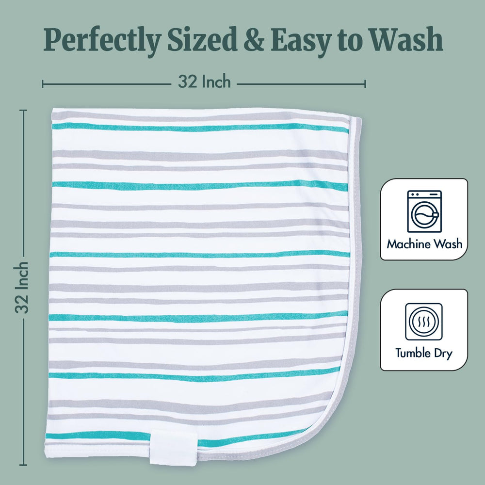 Bazzle Baby mint stripe swaddle fabric close-up shows breathable, stretchy material for snug swaddles.