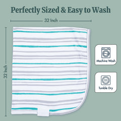 Bazzle Baby mint stripe swaddle fabric close-up shows breathable, stretchy material for snug swaddles.