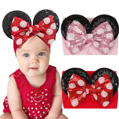 BBGifts baby girl mouse ears headband with sequin bow, front view for photo props.
