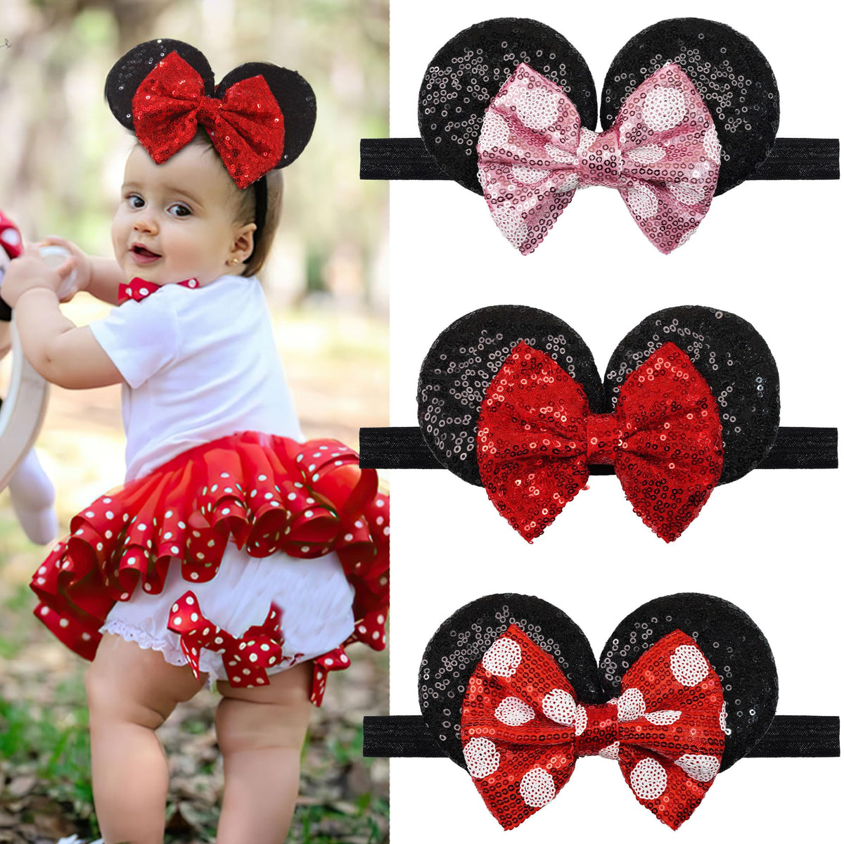 BBGifts mouse ears headband with sequin bow on soft nylon for baby wear