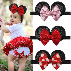 BBGifts mouse ears headband with sequin bow on soft nylon for baby wear