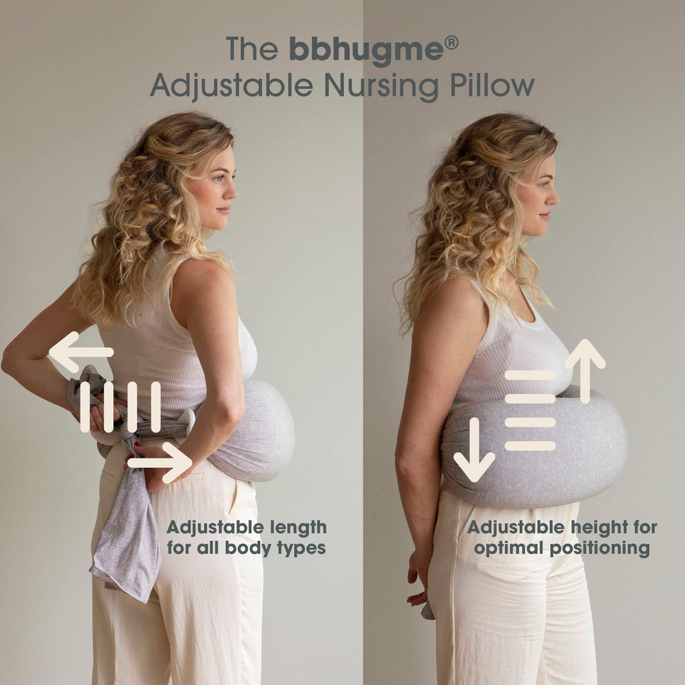 bbhugme pillow used in cradle, laid-back, and side-lying positions for comfort.