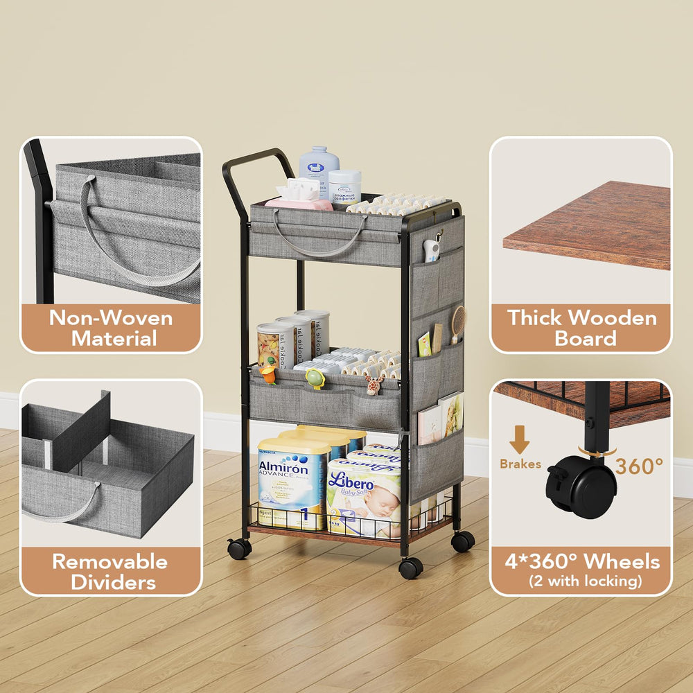 BBLIKE 3-Tier Diaper Caddy metal frame and wood base support heavier items securely